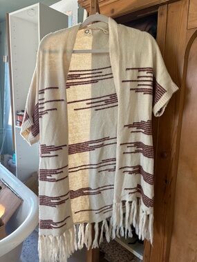 Cream Open-Front Fringed Cardigan with Burgundy Stripe Detail